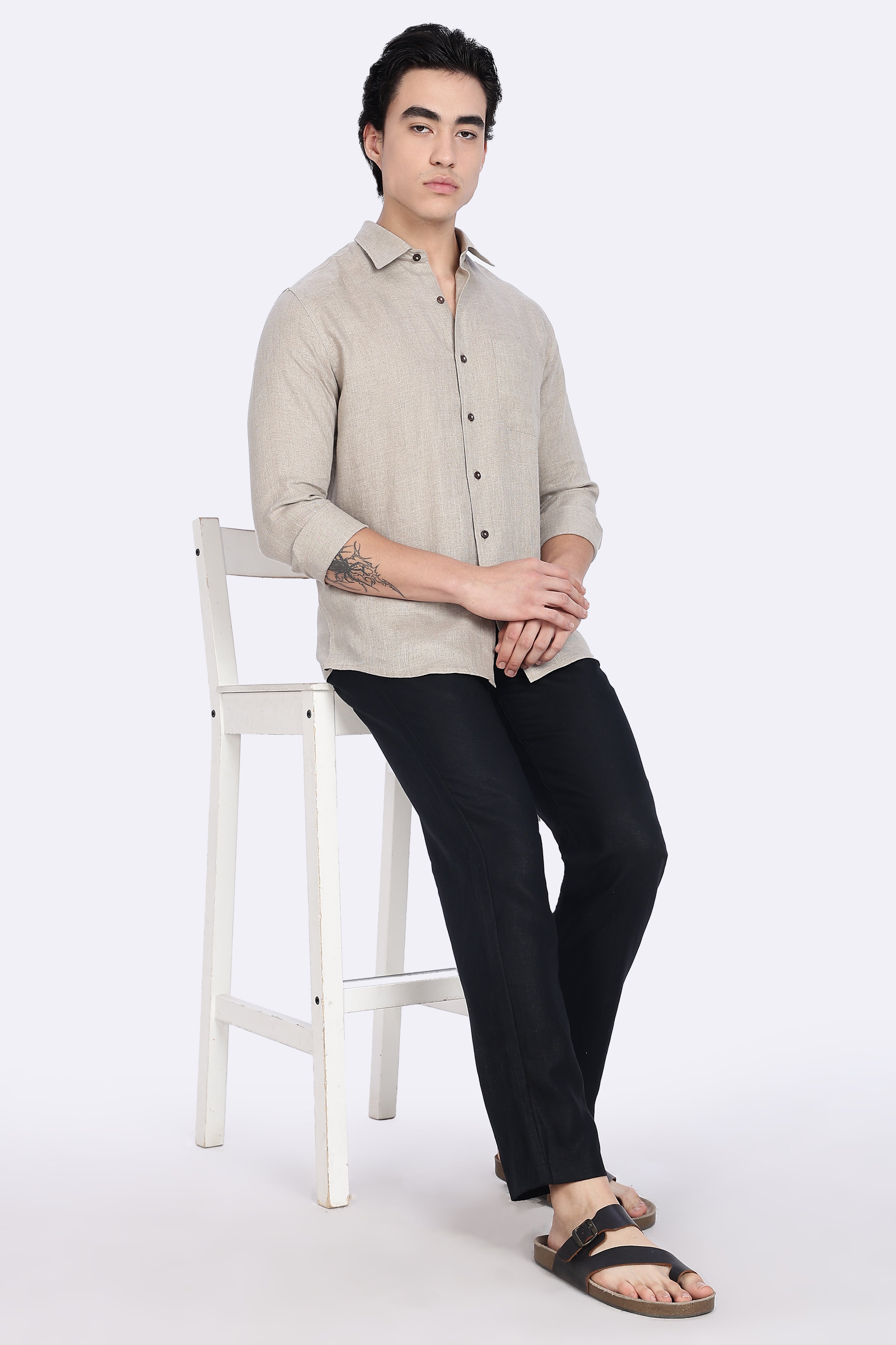 Men’s Beige Full Sleeve Linen Shirt – 100% Pure Linen | Linen Culture