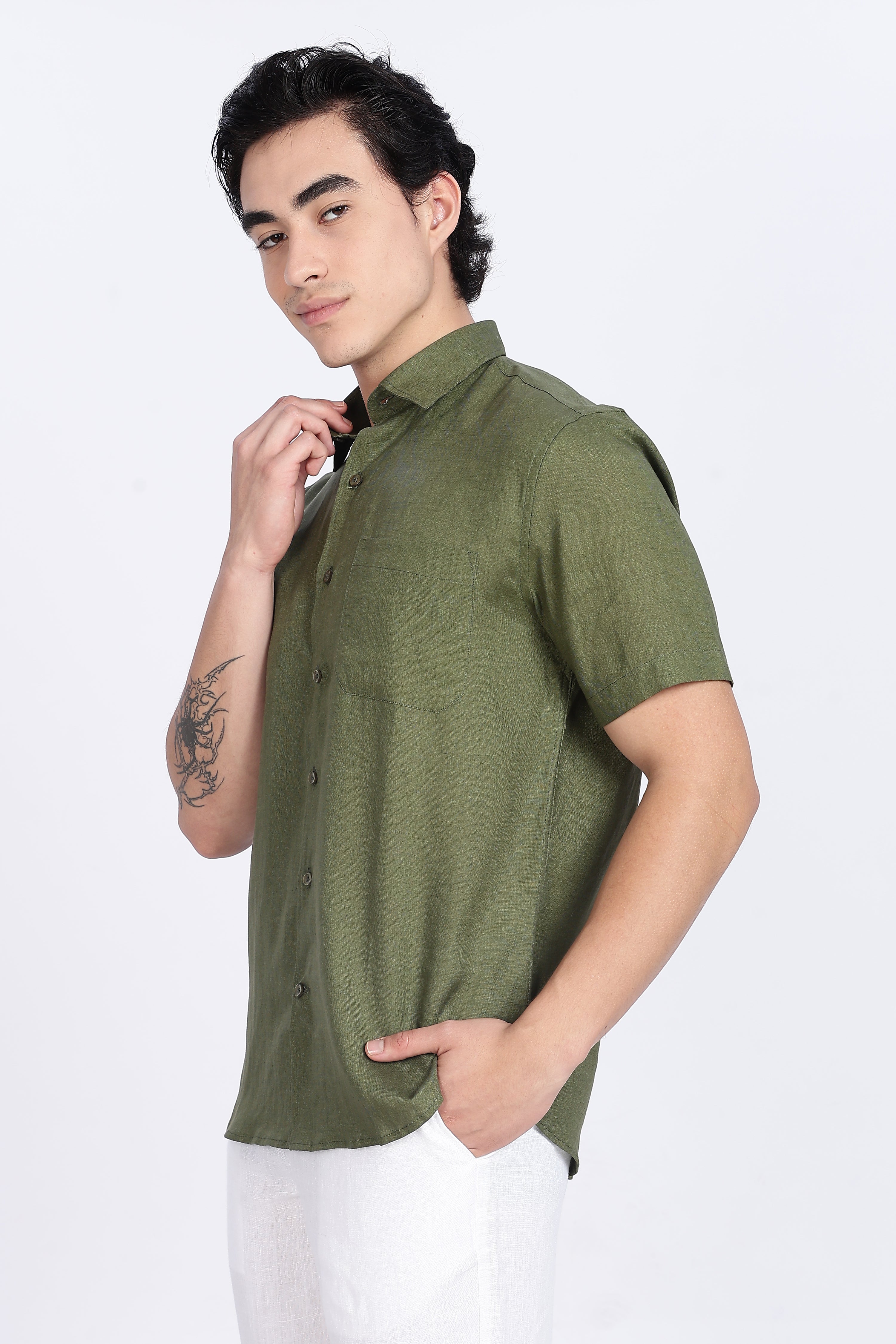 Men’s Olive Green Half Sleeve Linen Shirt – 100% Pure Linen | Linen Culture