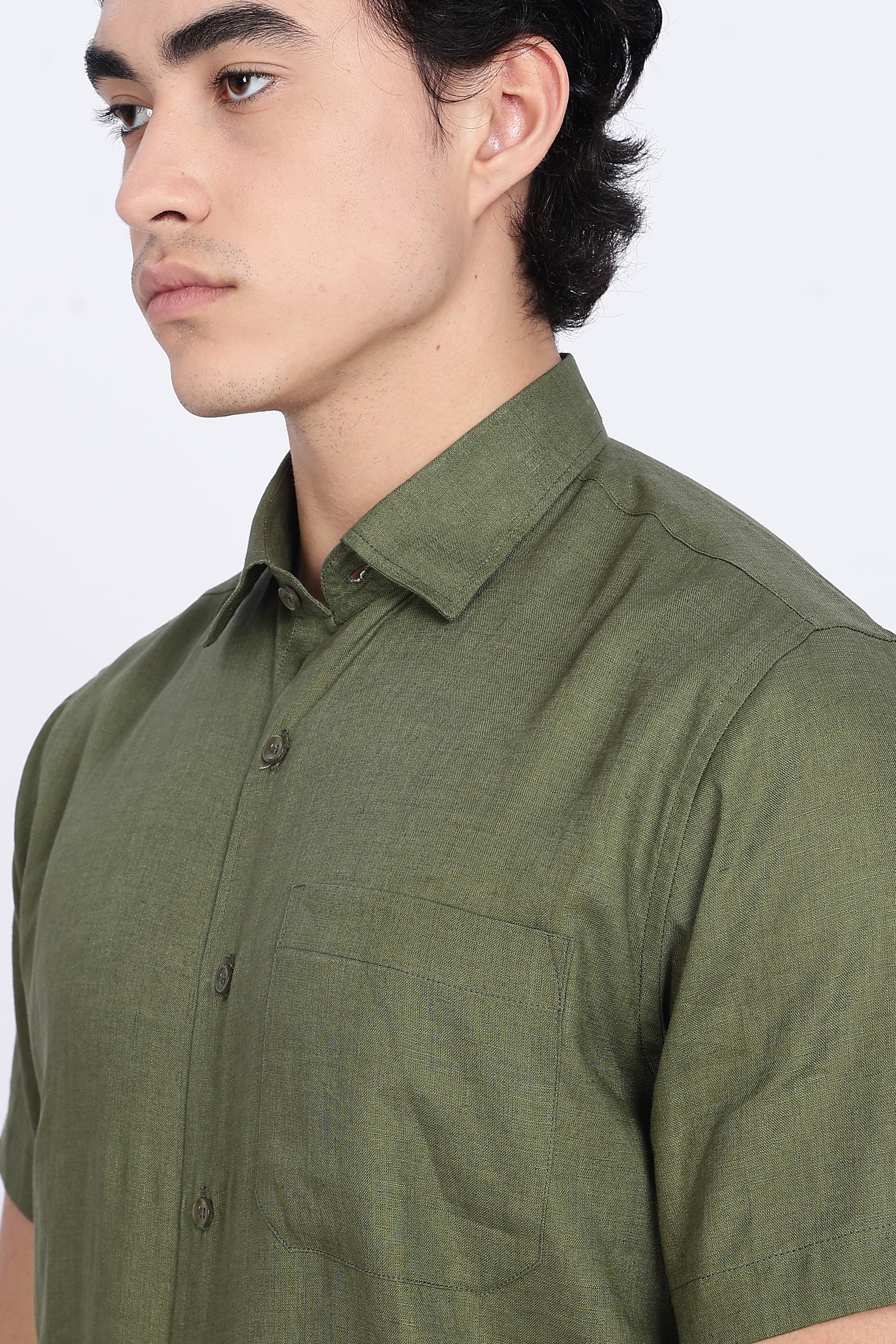 Men’s Olive Green Half Sleeve Linen Shirt – 100% Pure Linen | Linen Culture