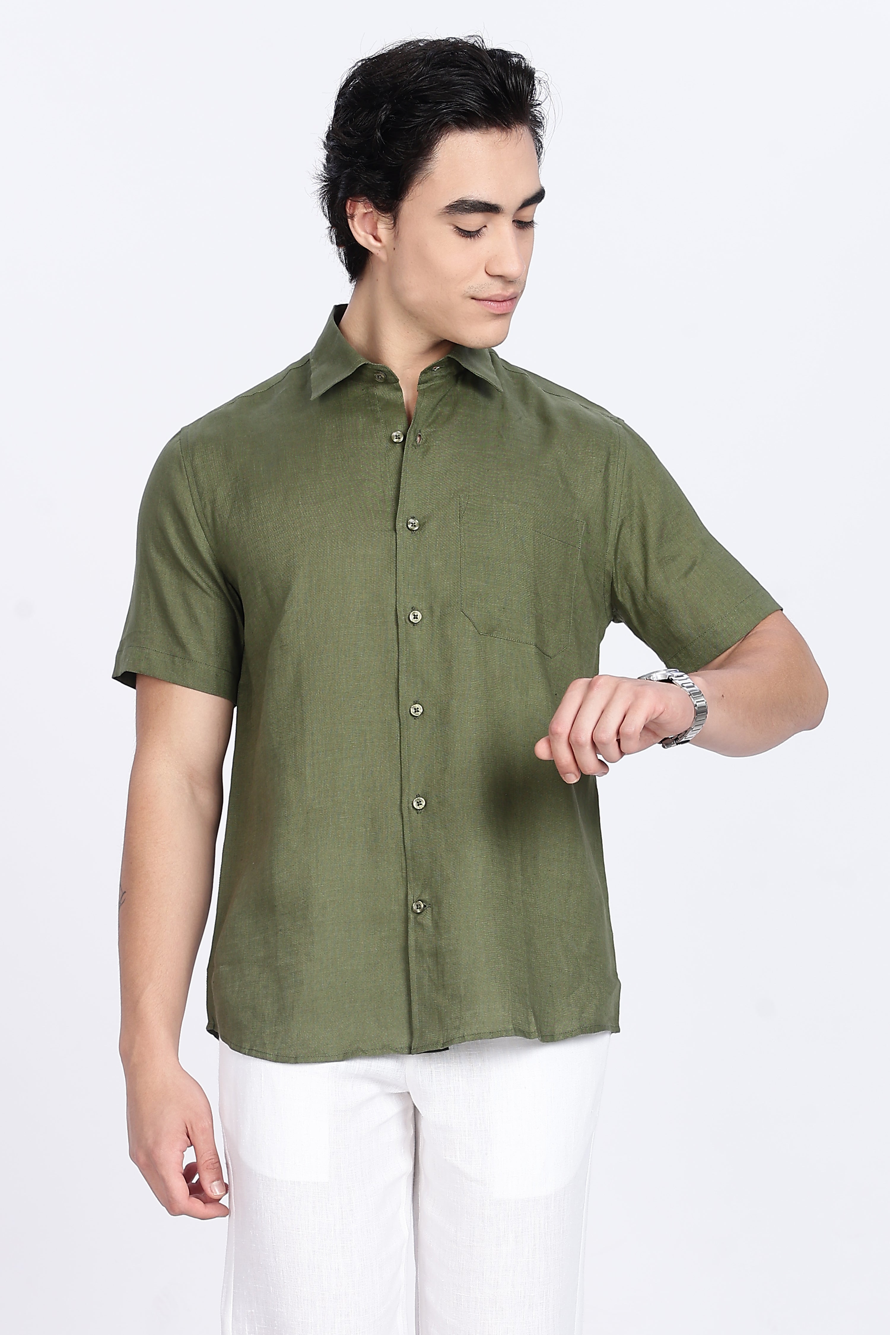 Men’s Olive Green Half Sleeve Linen Shirt – 100% Pure Linen | Linen Culture