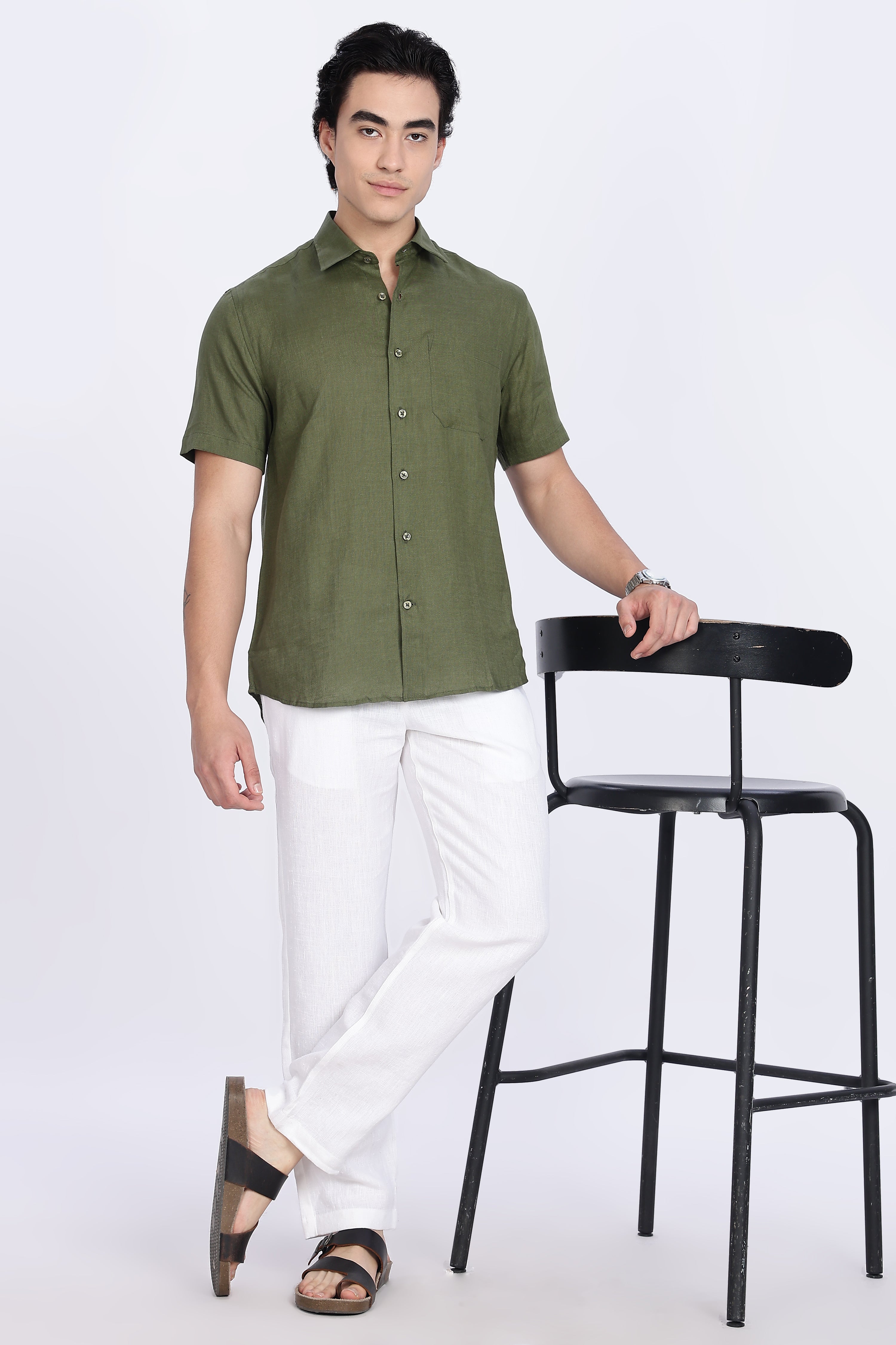 Men’s Olive Green Half Sleeve Linen Shirt – 100% Pure Linen | Linen Culture