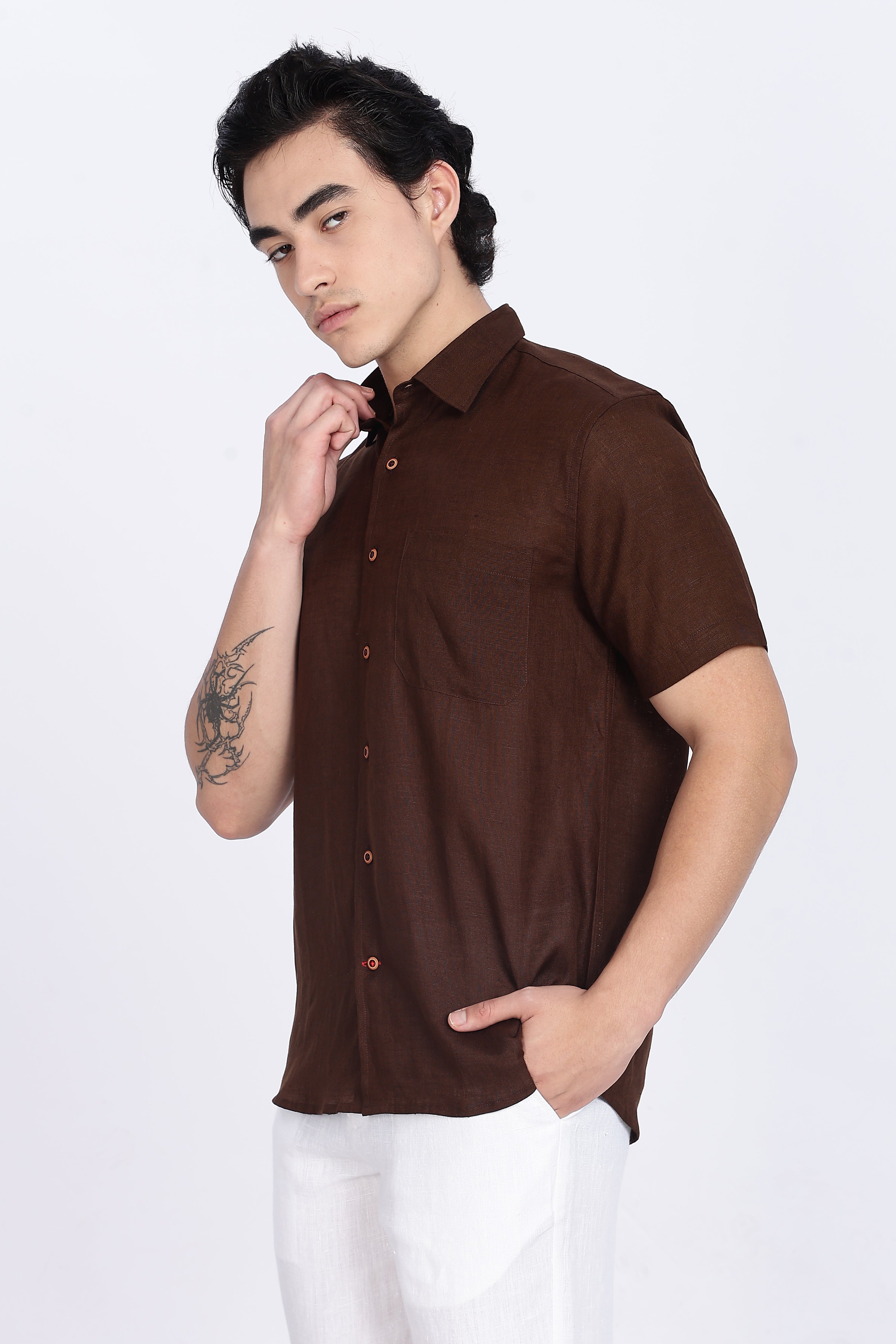 Men’s Mocha Brown Half Sleeve Linen Shirt – 100% Pure Linen | Linen Culture