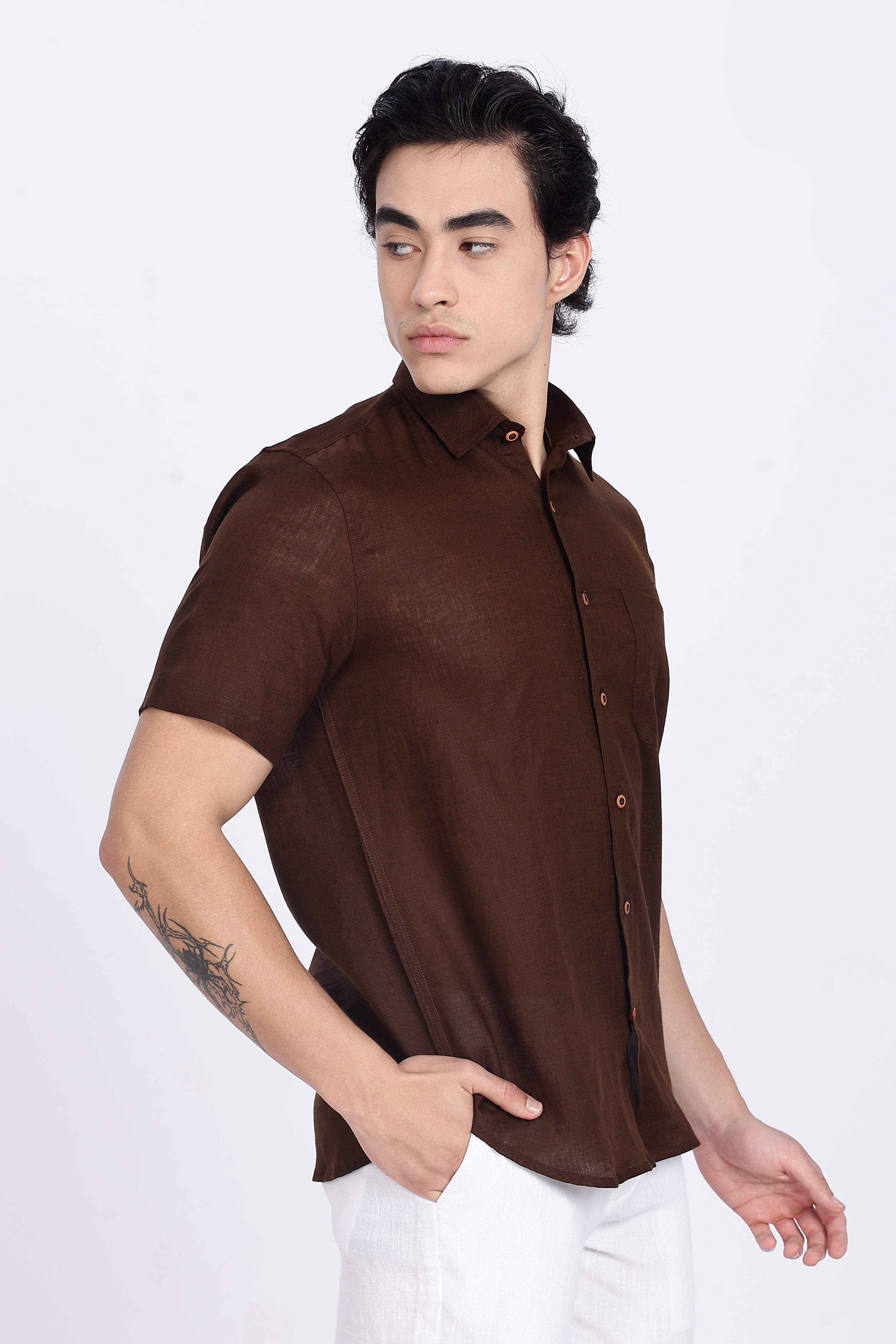 Men’s Mocha Brown Half Sleeve Linen Shirt – 100% Pure Linen | Linen Culture