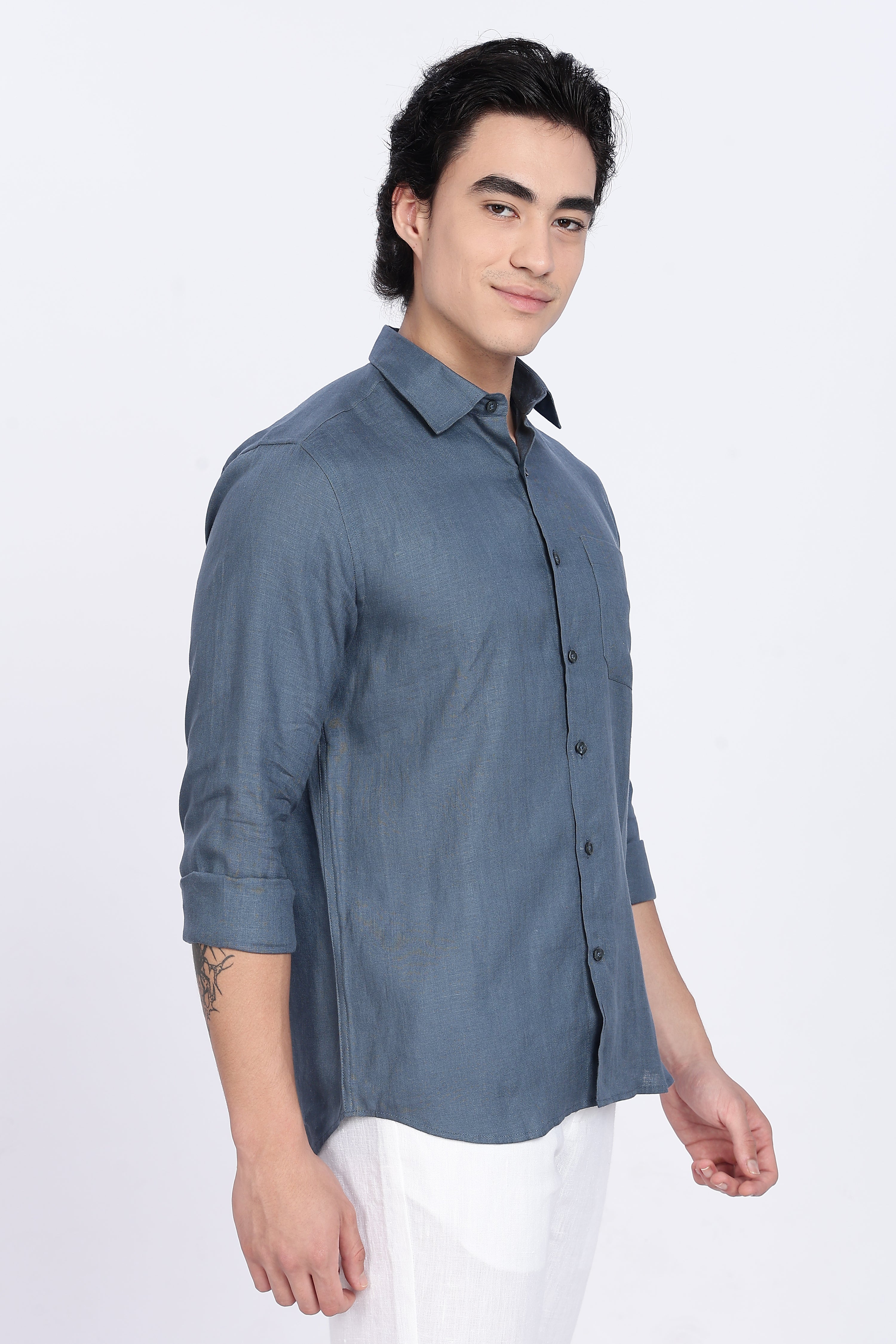 Men’s Blue Gray Full Sleeve Linen Shirt – 100% Pure Linen | Linen Culture