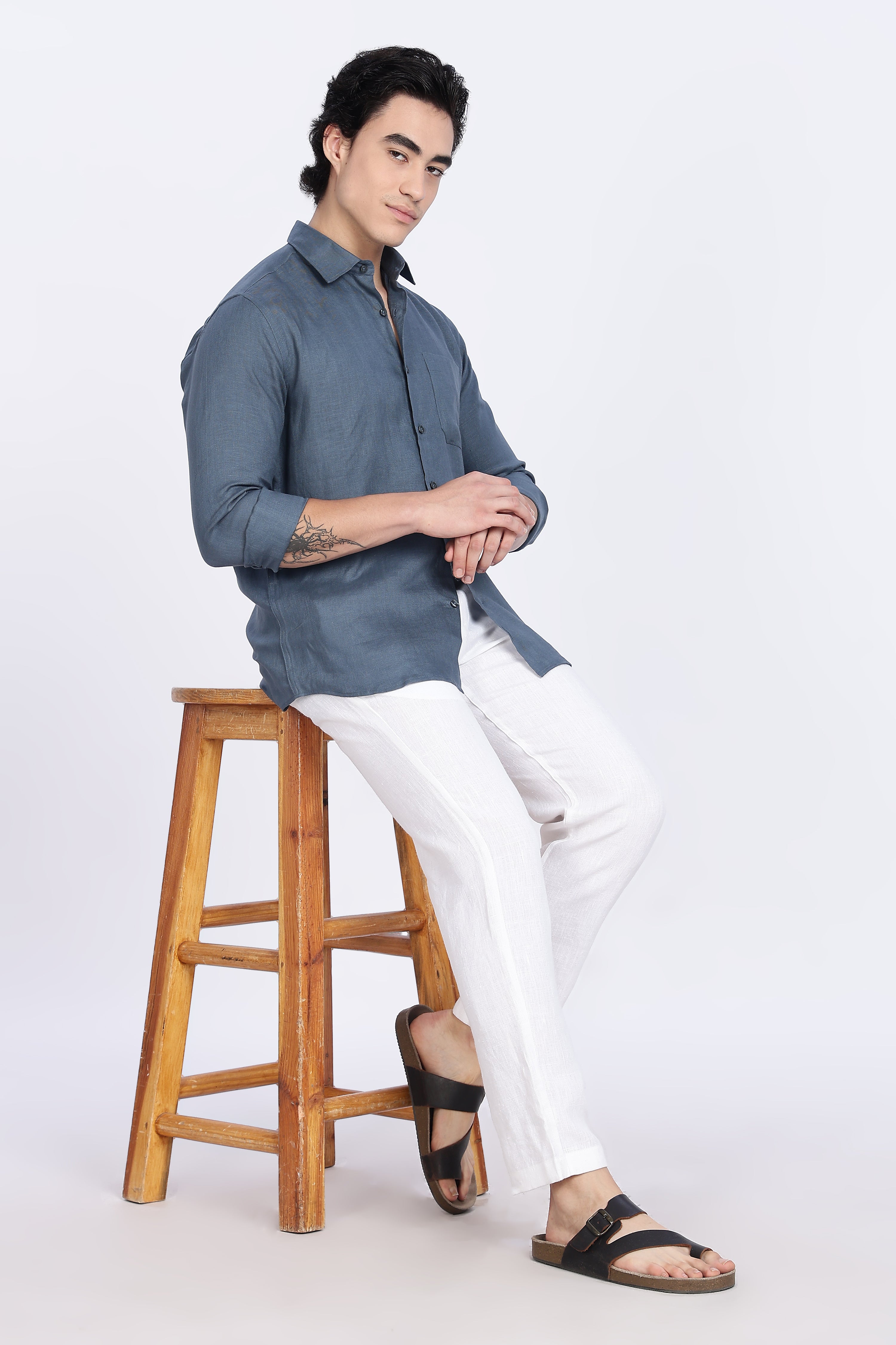 Men’s Blue Gray Full Sleeve Linen Shirt – 100% Pure Linen | Linen Culture